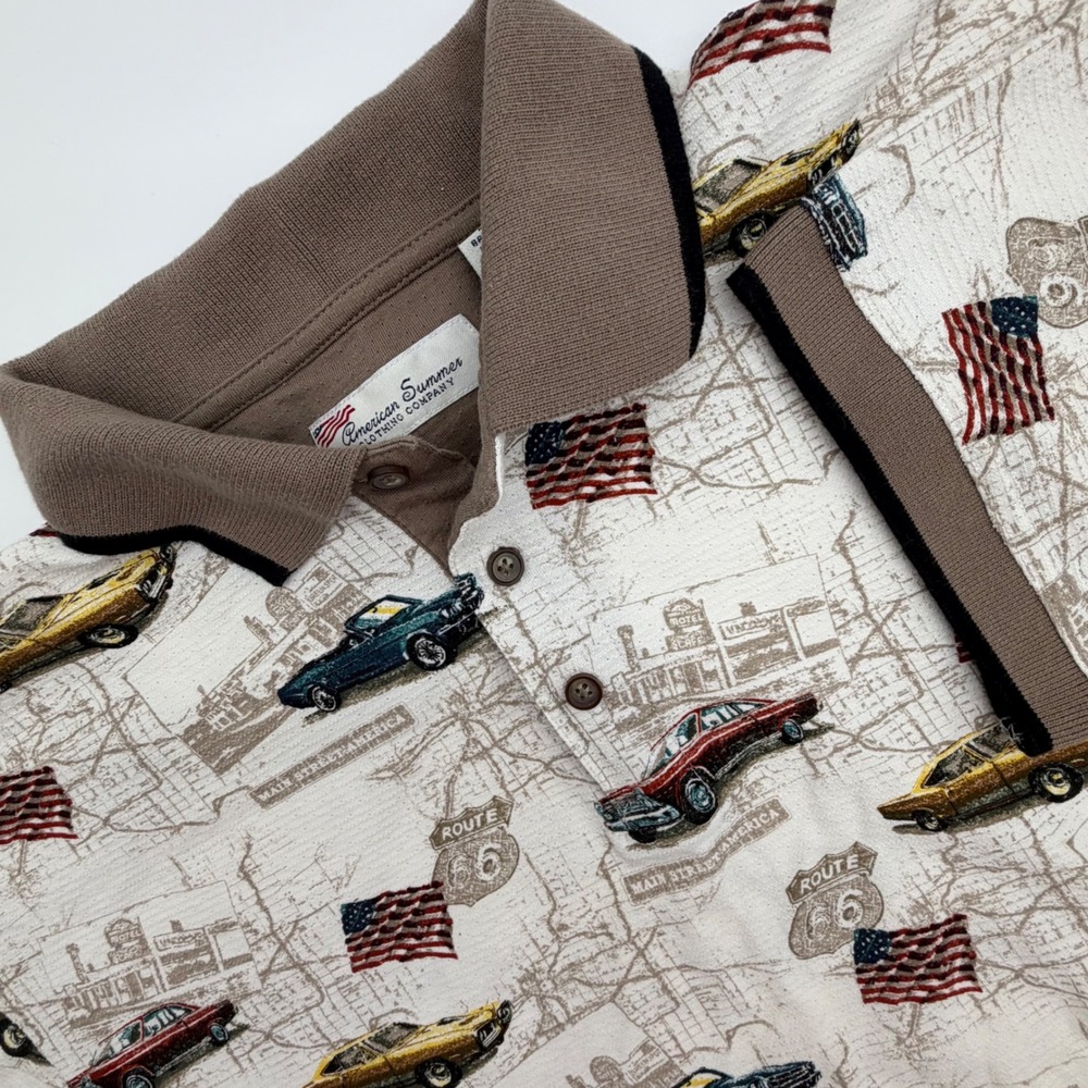 American‎ Summer Route 66 Vintage Muscle Car Map Print Polo Shirt Mens XL Brown